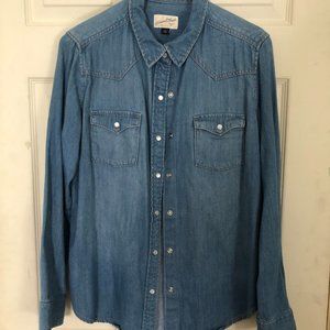 Button Down Denim Collared Shirt with Pearl Buttons